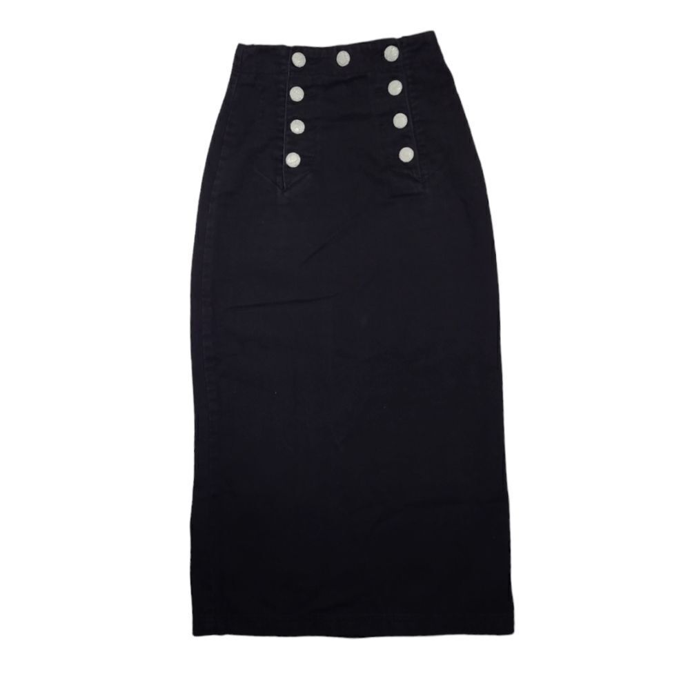 VINTAGE 90s black denim lace covered button sailor style‎ midi skirt XS